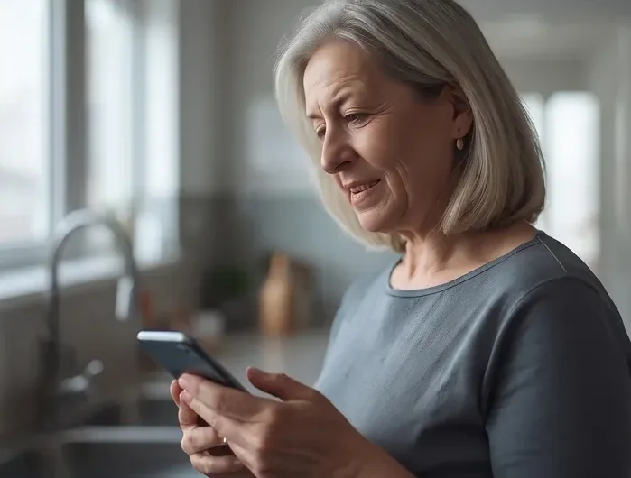 A Rita a ler no telemóvel o aviso de que a chamada não foi atendida
